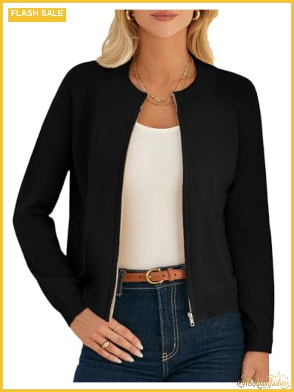 Womens Lightweight Zip Up Cardigan Sweater Knitted Crew Neck Casual